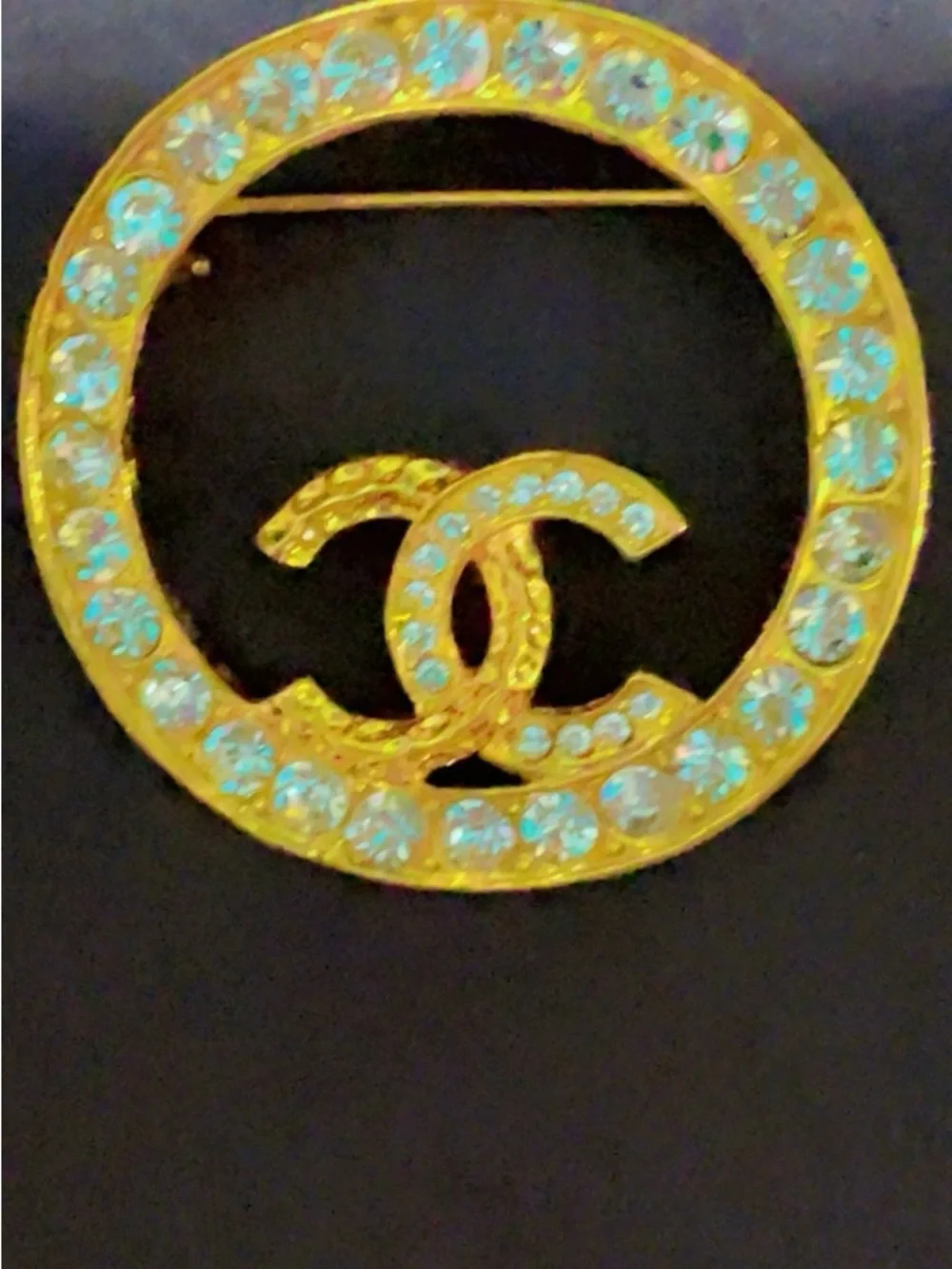 CHANEL Gold-Tone Crystal CC Circle Brooch with Clear Stones